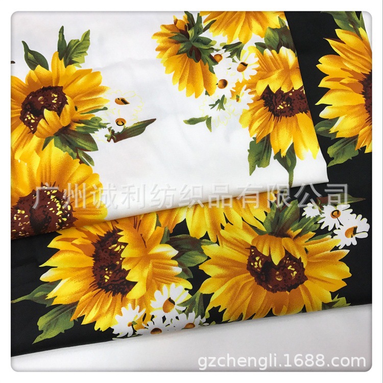 斜纹弹力印花布  大向日葵图  现代连衣裙印花面料  童装上衣面料