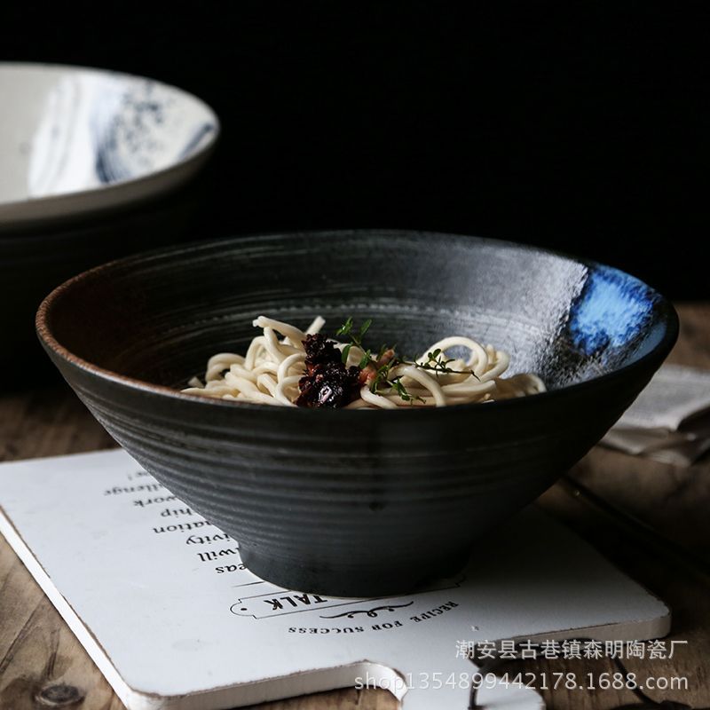创意陶瓷日式拉面碗复古斗笠碗家用餐厅面碗大碗汤碗9英寸沙拉碗