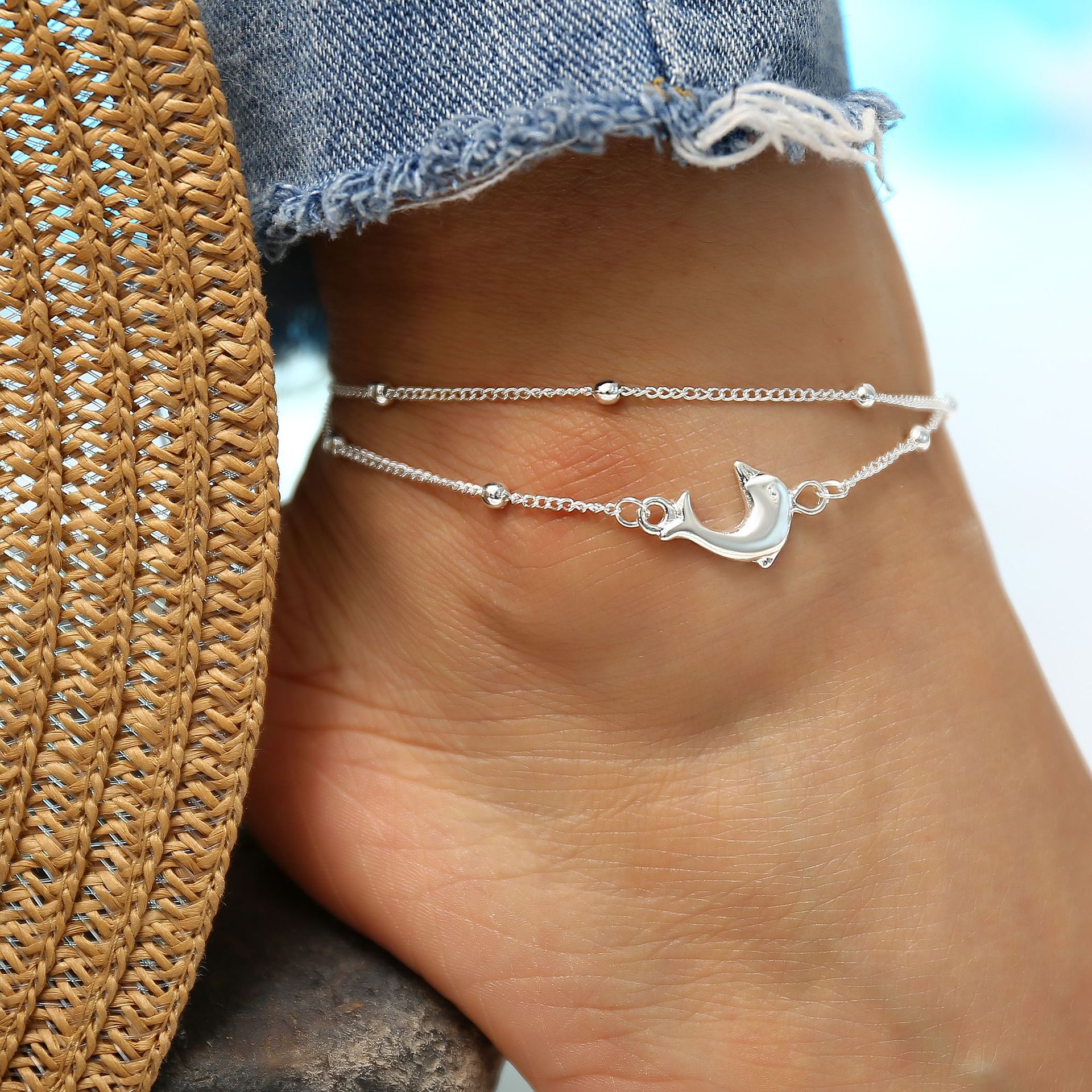 Bohemian Foot Chain Dolphin Ankle Silver Bead Bracelet Fashion Double Beach Jewelry
