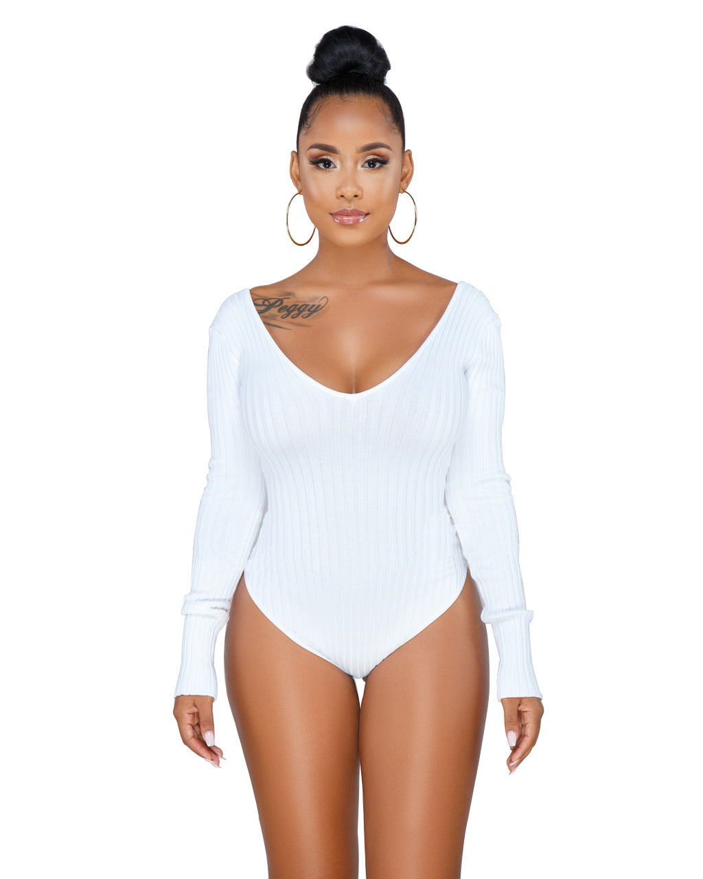 fashion sexy deep V-neck long-sleeved pit strip bodysuit NSSJW58920