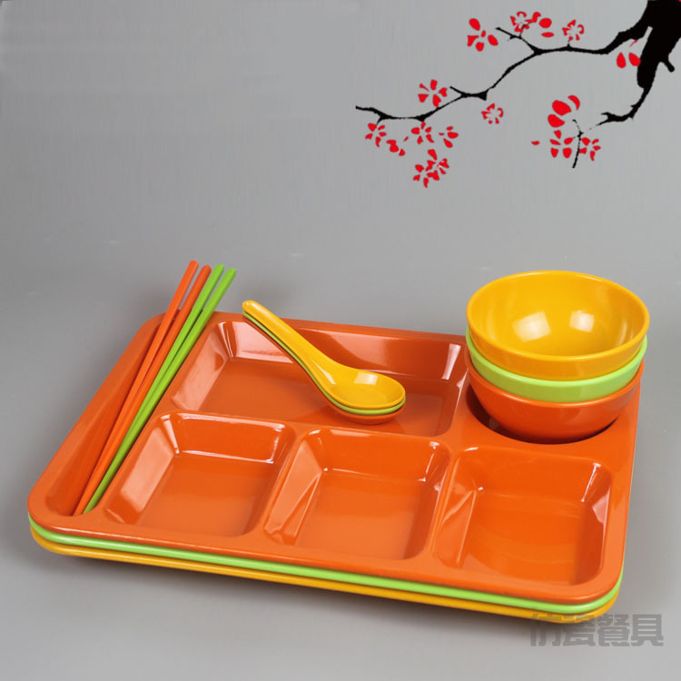 加深六格快餐盘学校食堂分格饭盘密胺塑料长方形盘子彩色仿瓷餐具