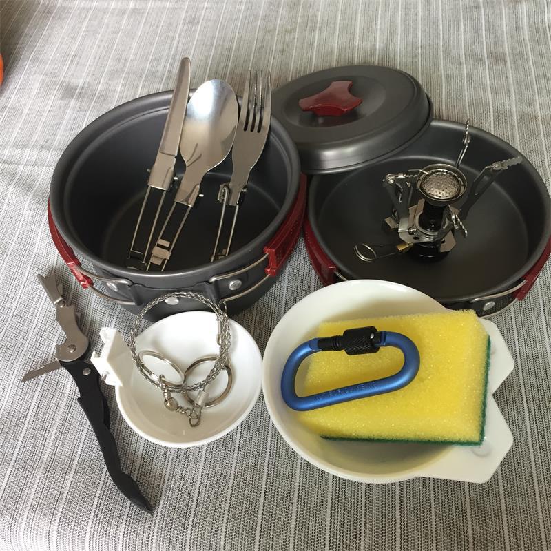 跨境新品戶外野餐露營組合套裝1-2人野炊鍋具鍋具硬質氧化鋁鍋