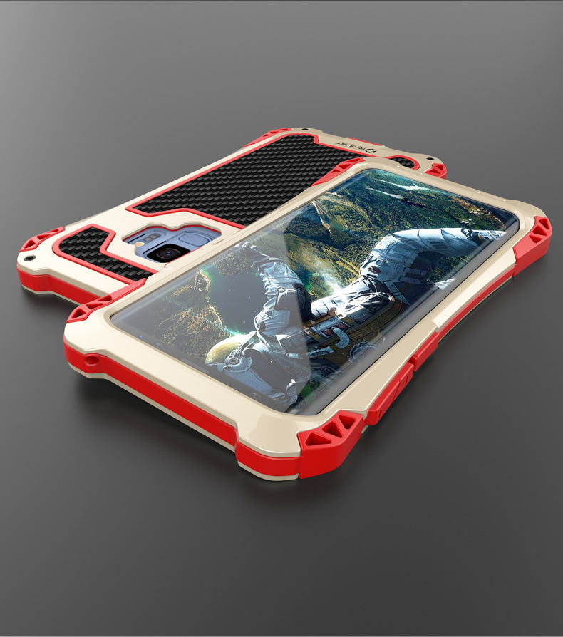 R-Just Amira Heavy Duty Dirtproof Shockproof Rainproof Aluminum Metal Bumper Carbon Fiber Back Cover Case for Samsung Galaxy S9 Plus & S9