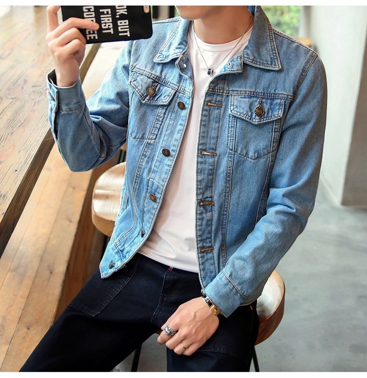 Men Lapel Collar Flap Pocket Buttoned Denim Jacket