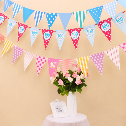 Baby's first birthday decoration Trojan pennant Children's Day birthday party decoration paper polka dot stripe flag