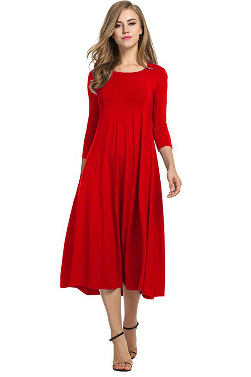 Round Neck Long Sleeves Solid Color Big Swing Dress NSLGY107547