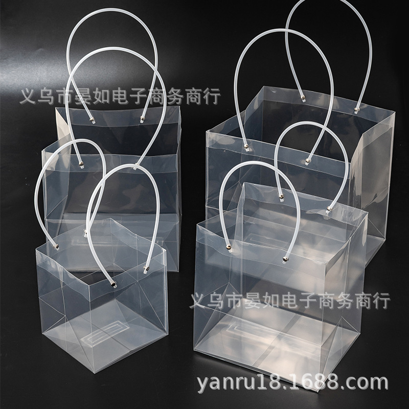 PP透明正方形手提袋鲜花束袋透明摆摊婚庆婚礼品手提袋长柄蛋糕袋