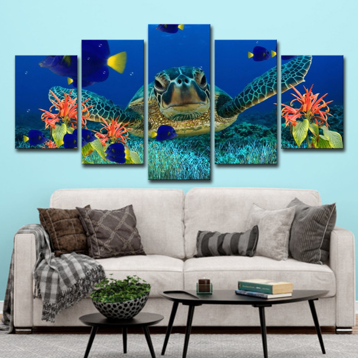 跨境AE 跨境5件深海龟珊瑚鱼海景画金鱼图片家庭装饰墙壁艺术