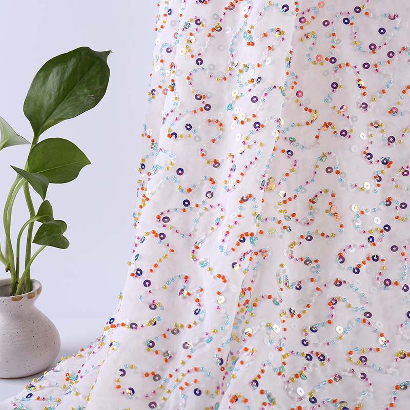 新款欧美风亮片绣花面料彩色小米珠金片绣花布舞台服礼服装饰布料