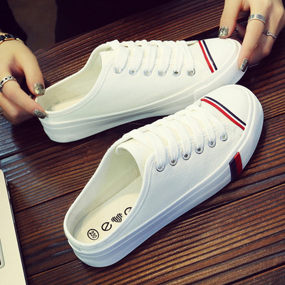 2019春季新款平底小白鞋无后跟帆布鞋女半拖韩版百搭一脚蹬懒人鞋