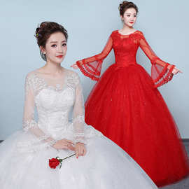 红色婚纱礼服新娘齐地绑带袖子厂家显瘦大码实体厂家显瘦婚纱简约