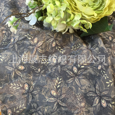 上海展志秋冬羊毛真絲人棉印花灰色植物圖案面料無現貨需定制