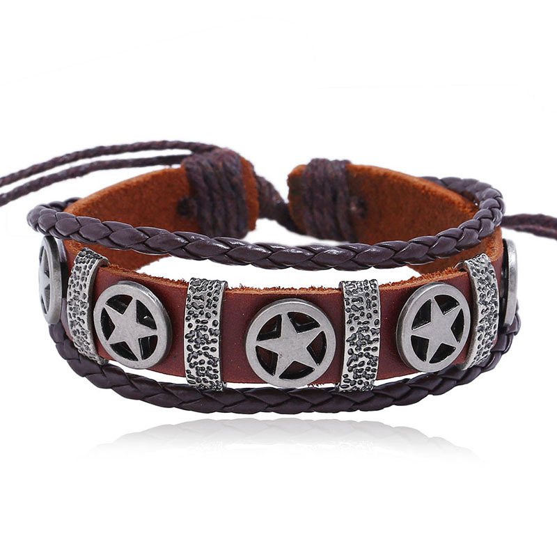 Jewelry Alloy Pentagram Leather Bracelet Braided Ancient Silver Cross Leather Bracelet