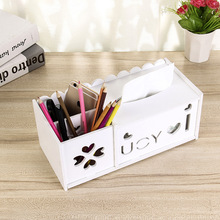 新款现代简约多功能笔筒 手机纸巾收纳盒木塑板镂空创意家居摆件