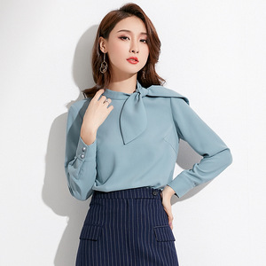 New Standing Tie Women’s Top Pure Color Elegant Long Sleeve Shirt 