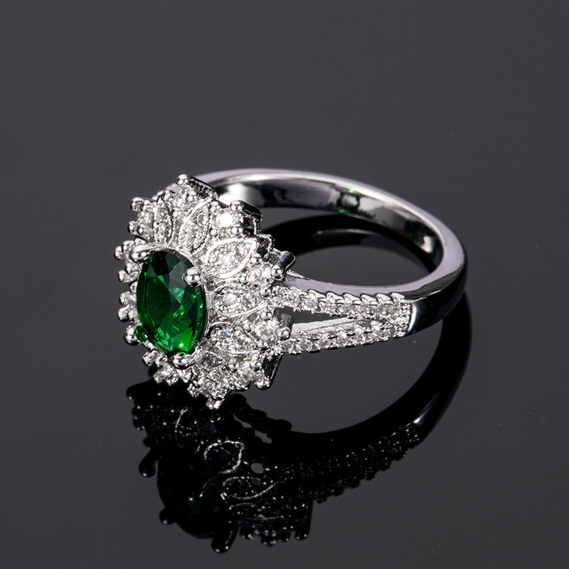 New Accessories Exquisite Flower Shape Emerald Zircon Ring Female Manufacturers Direct Foreign Trade Wish Wholesale