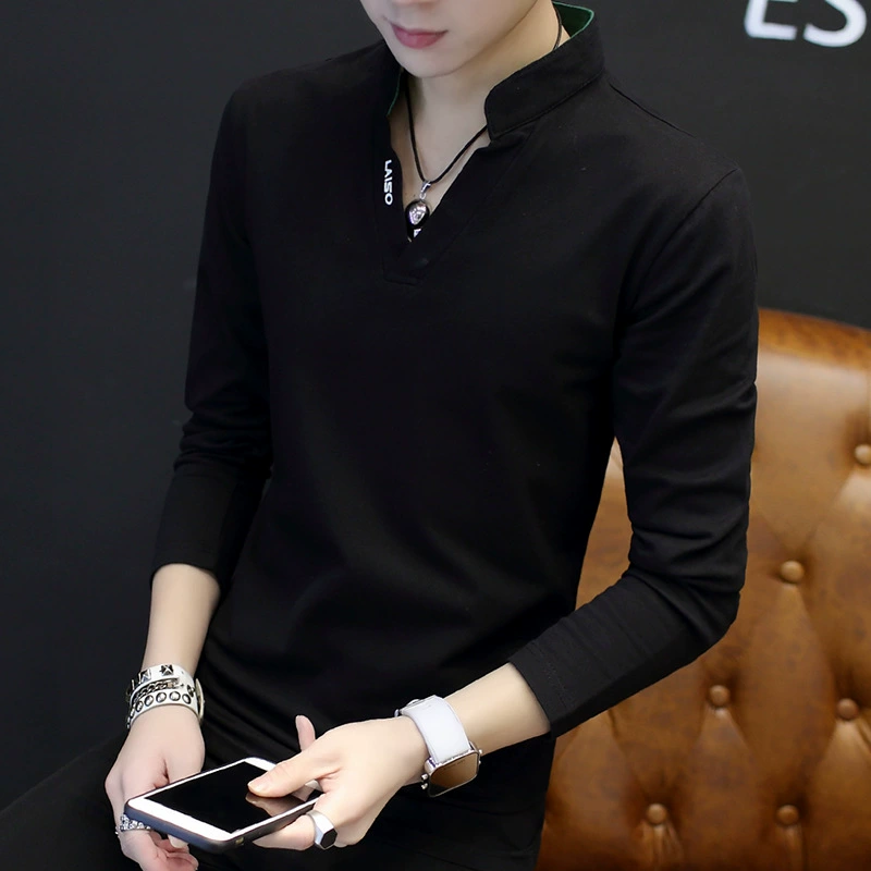 Осенняя футболка с длинными рукавами, Мужская футболка с воротником-стойкой, Приталенная футболка с длинными рукавами, модная мужская одежда в Корейском стиле, Однотонная футболка для студентов, Базовая рубашка