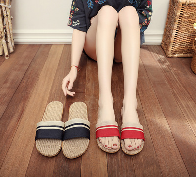 Spring and summer Cotton and hemp Flax Four seasons stripe lovers men and women Home Basin Flax Wood floor indoor Home slipper