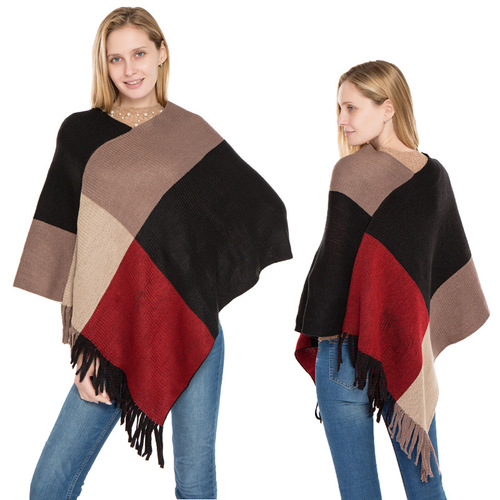 Manufacturer wholesale large square color-blocked knitted warm shawl European and American autumn and winter new imitation cashmere tassel pullover cloak
