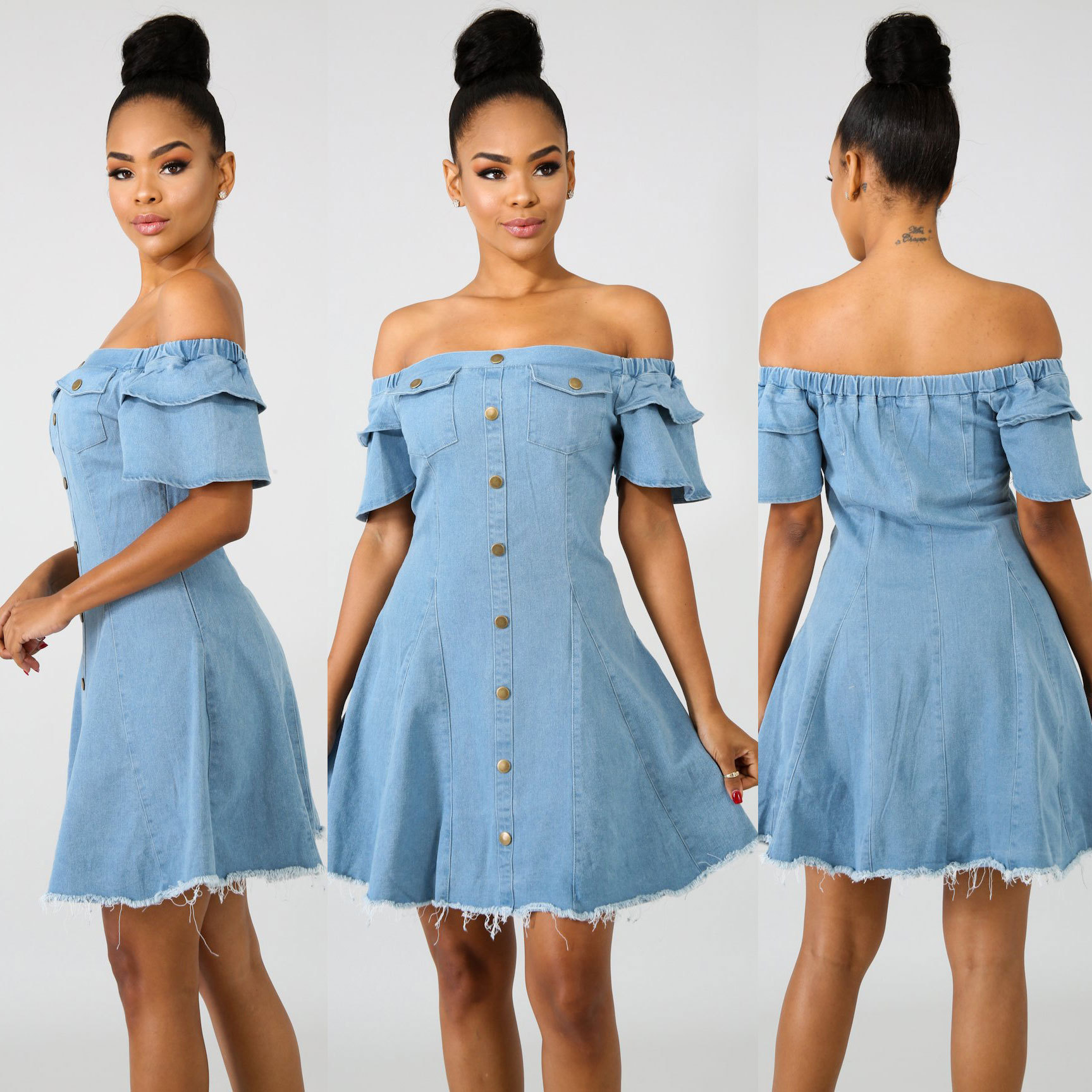 single-breasted decor Elastic Short Sleeve one-word neck Denim dress NSOSM126839