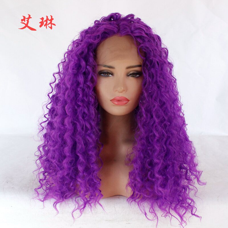 Factory wholesale European and American fashion purple fluffy small curly long curly wig front lace chemical fiber wig headgear Factory wholesale European and American fashion purple fluffy small curly long curly wig front lace chemical fiber wig headgear