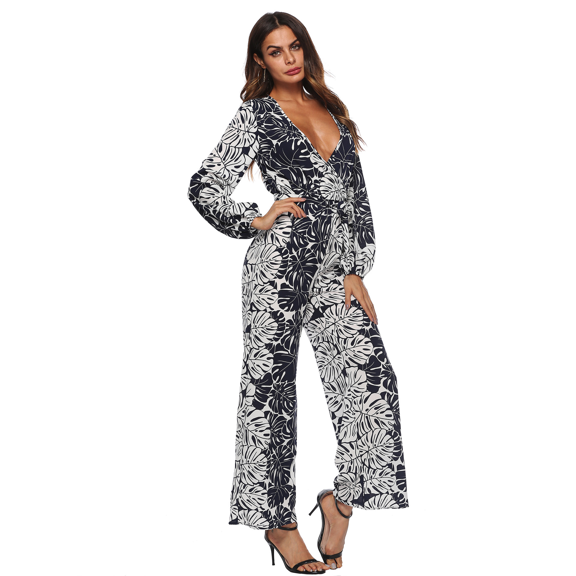 Chiffon Printed Long Sleeve Wide Leg Jumpsuit Deep V Neck Tie Waist Elegant Design Perfect for Spring Summer Events