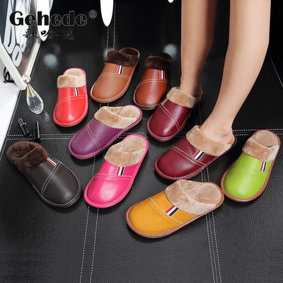 Cotton slippers waterproof Home Non-slip bottom indoor keep warm lovers The thickness of the bottom Plush household cowhide slipper winter