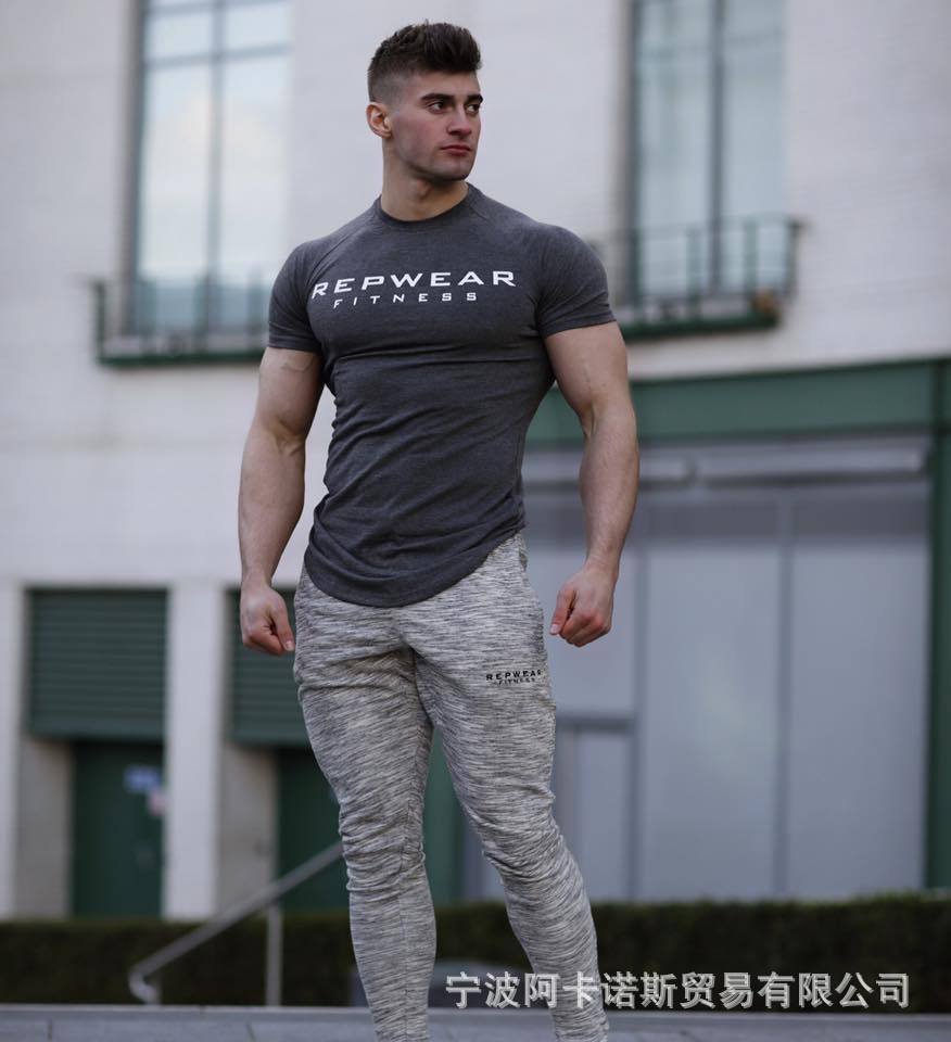 壹件代發2021夏季新款肌肉男裝跑步健身上衣字母印花運動休閑T恤