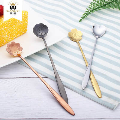 镀金系列不锈钢甜品勺搅拌冰淇淋勺创意花朵造型咖啡勺工厂直供|ru