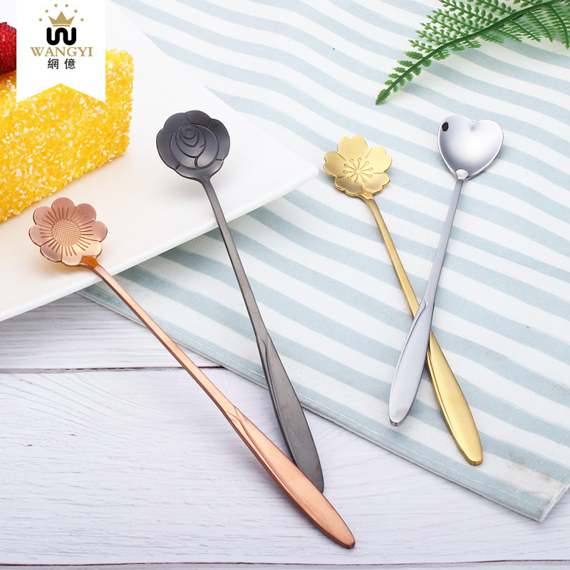 镀金系列不锈钢甜品勺搅拌冰淇淋勺创意花朵造型咖啡勺工厂直供|ru