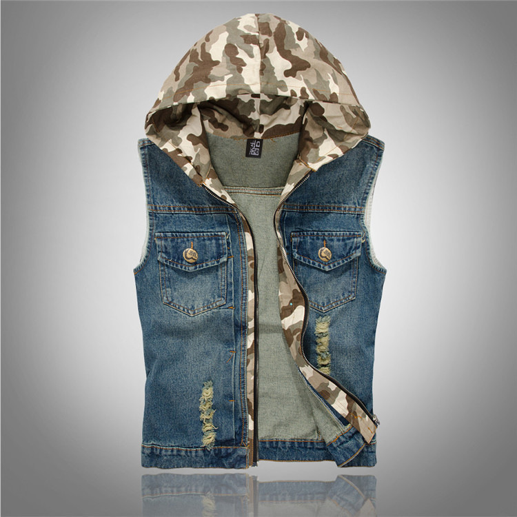 plus size slim trend Denim vest men's hooded Denim vest men's camouflage Denim vest a generation of hair