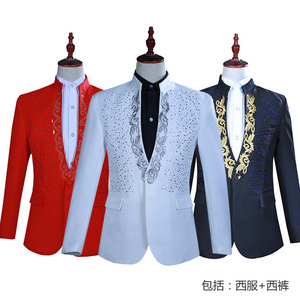 men's jazz dance suit blazers Men hot embossed and diamond stand collar suit for meeting person singer stage dress evening dress