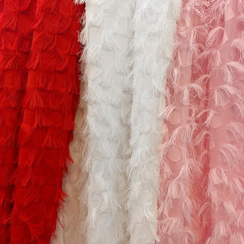 Peacock feather embroidered cut-out fabric with tassel summer dress fabric chiffon raindrop shape bridal gown fabric woven