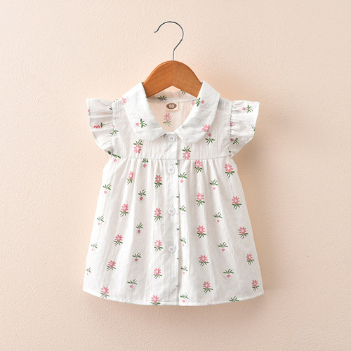 Children's clothing  summer new children's shirt floral short-sleeved small flying sleeves girls tops small and medium-sized children's cardigan shirt