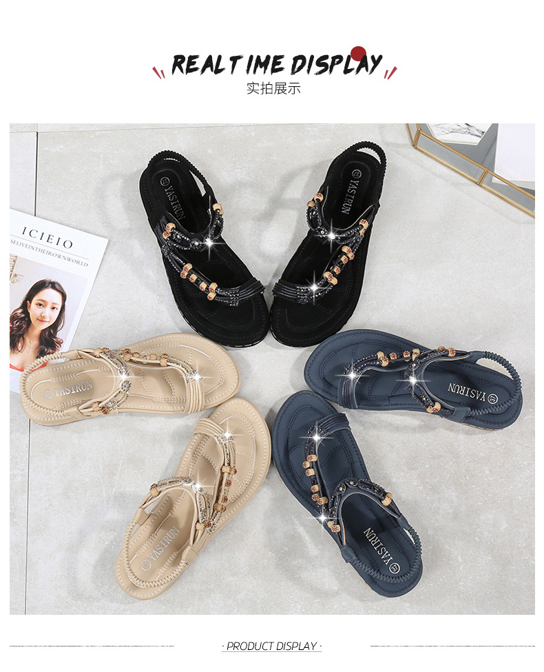 Plus-size women's shoes, Bohemian sandals, retro rhinestone beaded sandals, round-toed flat sandals, and cowhide soft-soled shoes undefined