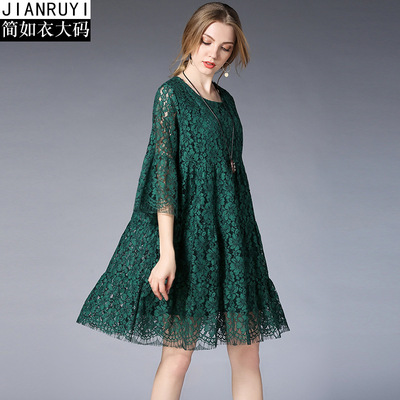 欧美2019秋季新款蕾丝镂空皱褶胖MM大码遮肉连衣裙孕妇裙批发6802
