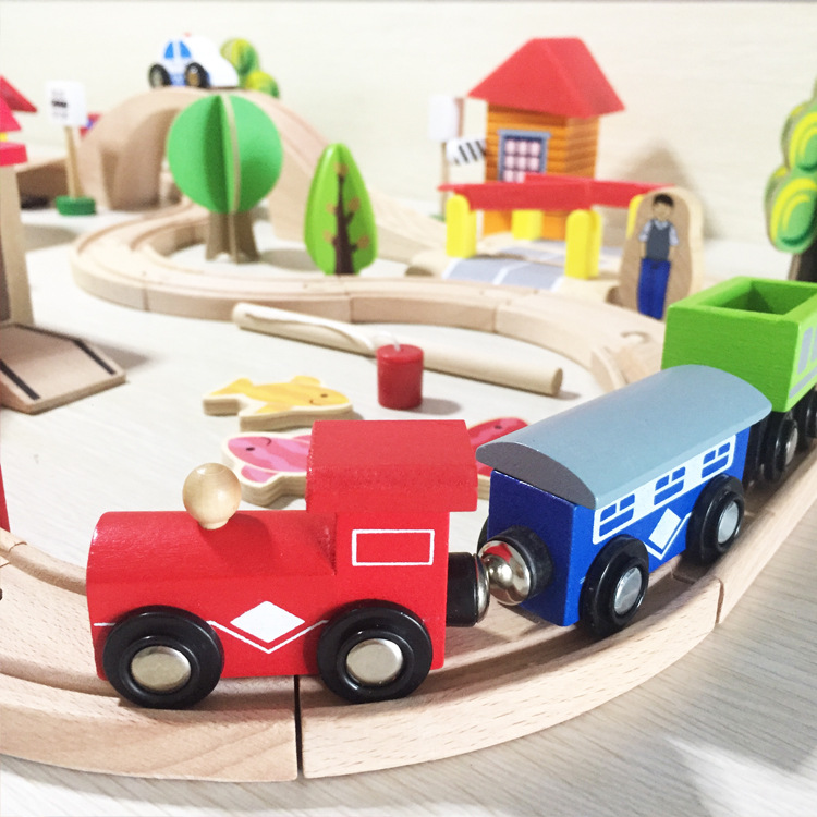 Puzzle 69 unidades escena simulación pista de tren madera los niños rompecabezas pesca DIY montaje bloques construcción Juguetes