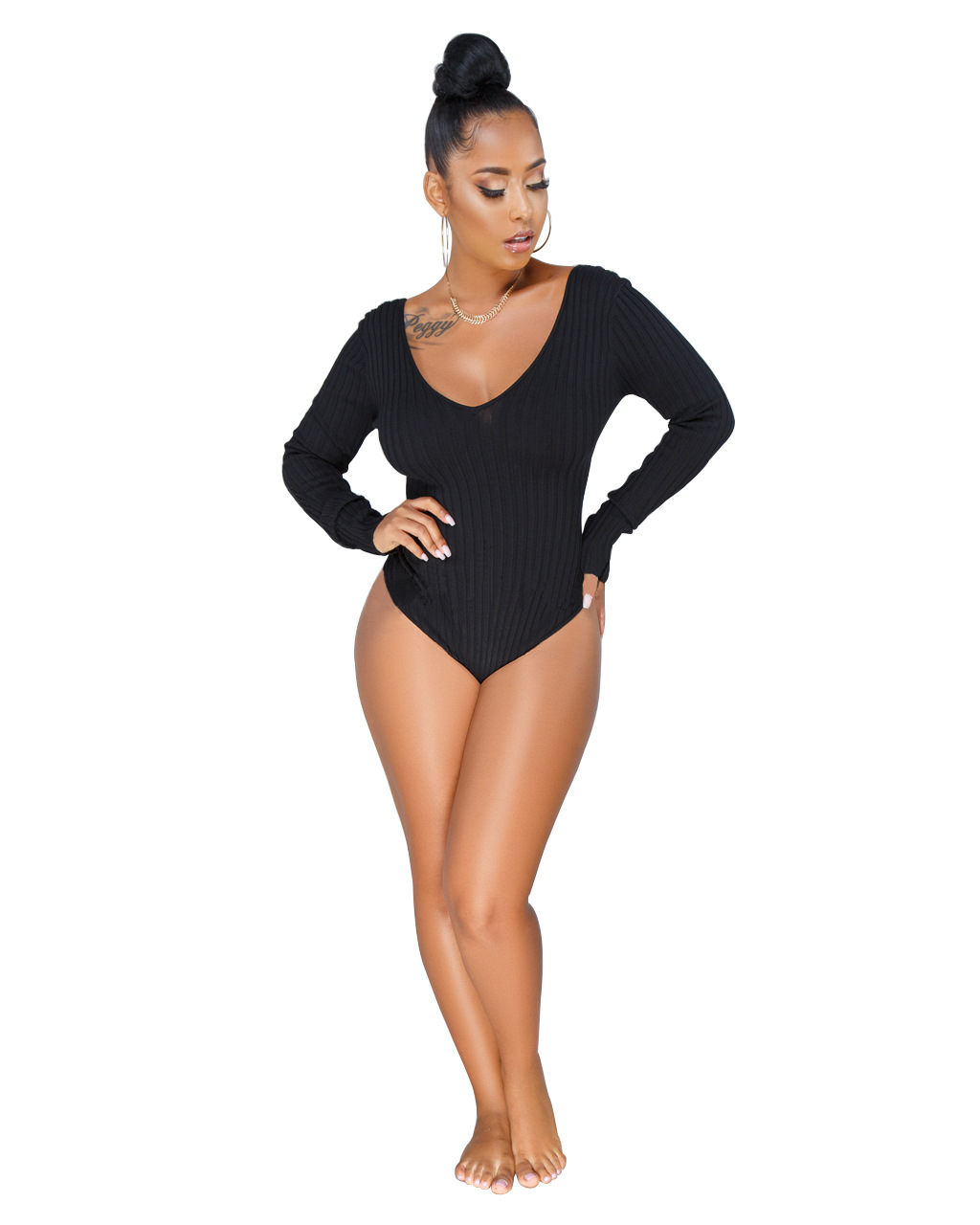 fashion sexy deep V-neck long-sleeved pit strip bodysuit NSSJW58920