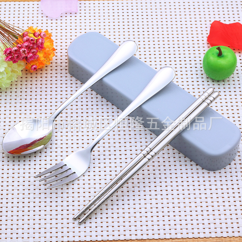 便携式抽拉盒不锈钢餐具三件套装 筷子勺子叉子 餐具套装定制logo|ru