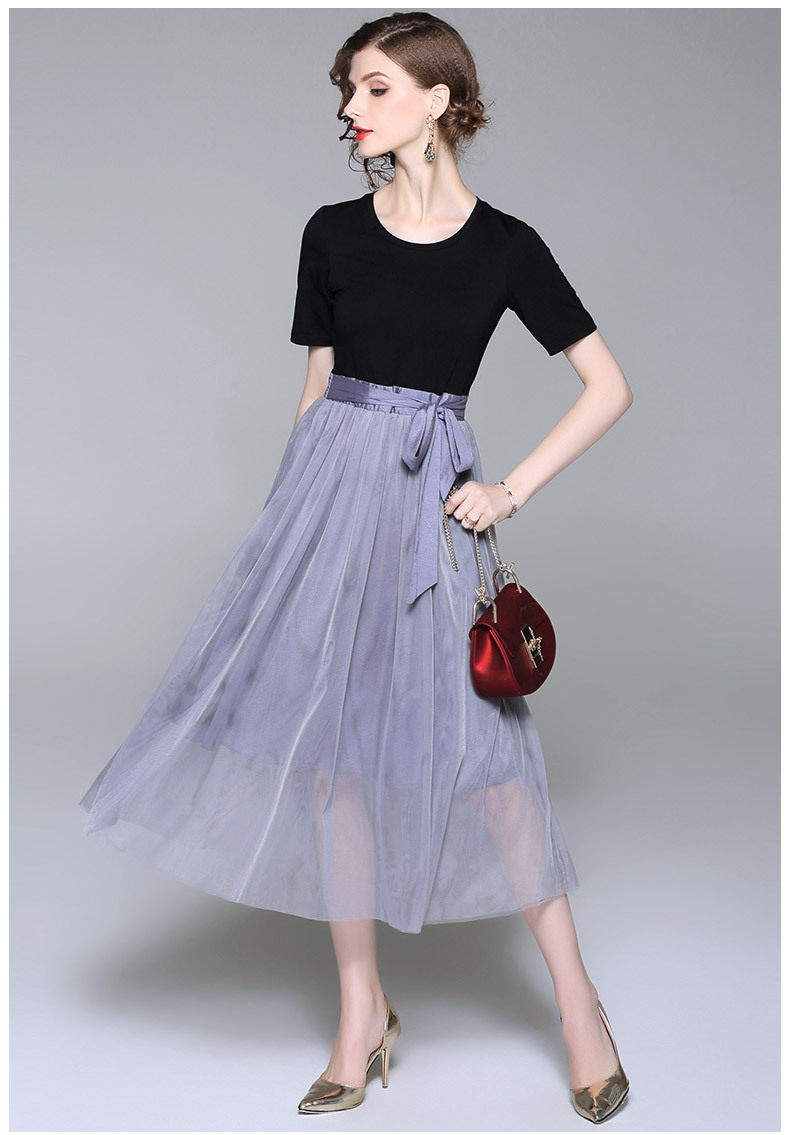 安洛琪2018夏季欧美女装新款圆领短袖拼接收