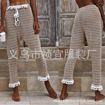 2019速卖通ebay新品手钩沙滩防晒长裤 女欧美手工贝壳流苏哈伦裤