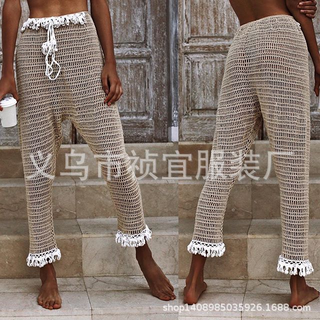 2019速卖通ebay新品手钩沙滩防晒长裤 女欧美手工贝壳流苏哈伦裤
