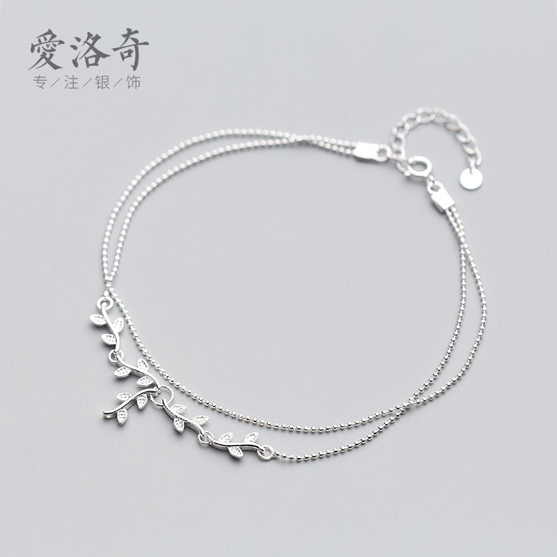 S925 plata mujer japonesa estilo coreano simple doble rama tocalera hojas artísticas joyas de pie dulce S2195