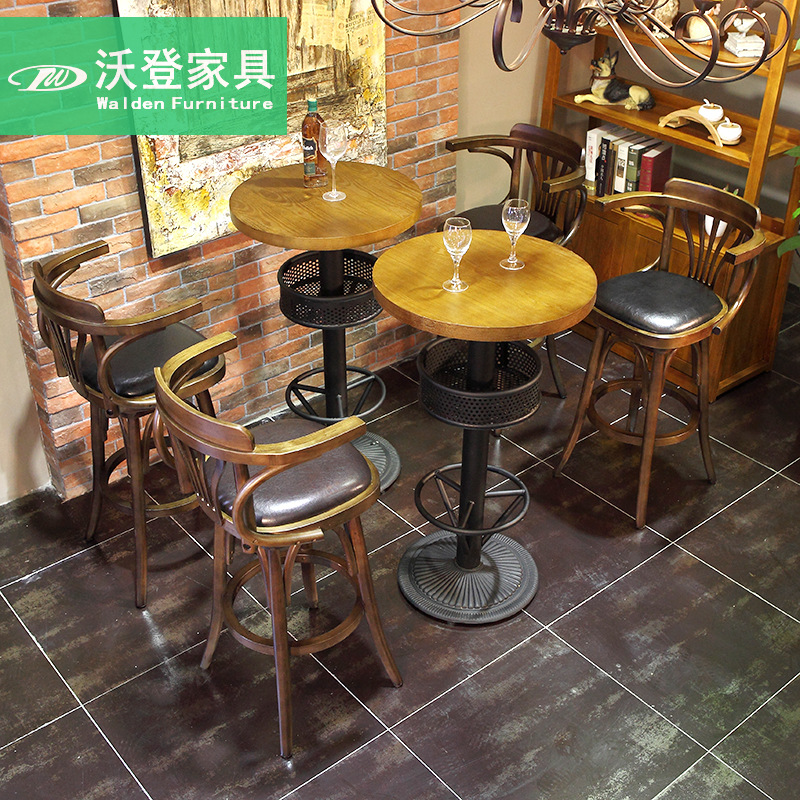 复古吧台椅实木靠背可旋转高脚吧椅做旧高脚椅酒吧高脚凳桌椅组合