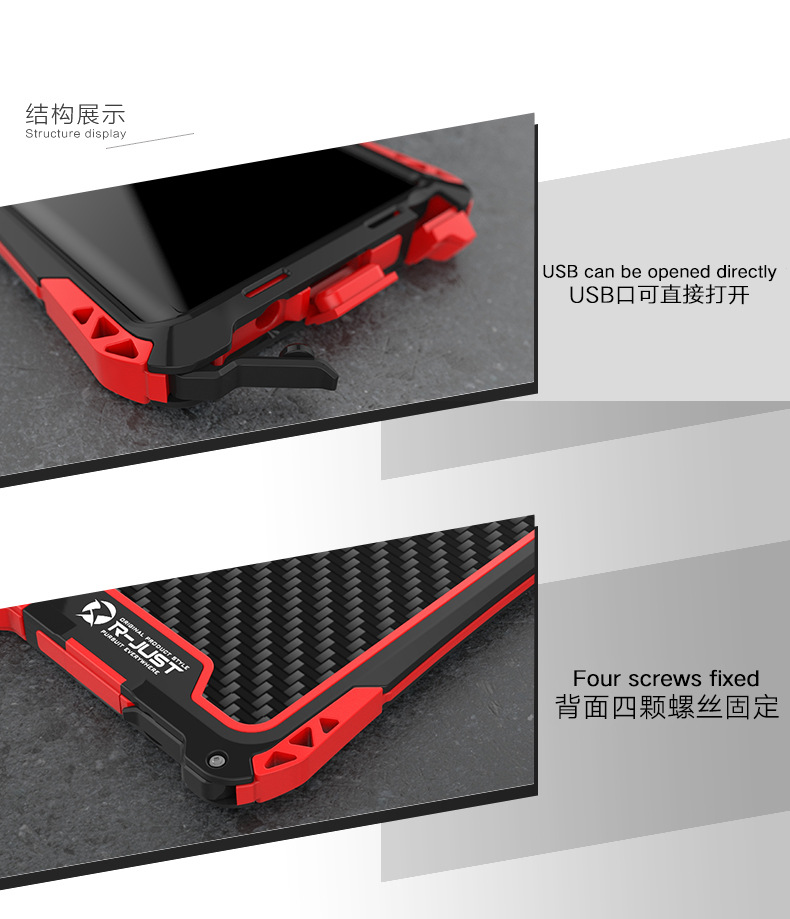 R-Just Amira Heavy Duty Dirtproof Shockproof Rainproof Aluminum Metal Bumper Carbon Fiber Back Cover Case for Samsung Galaxy Note 9