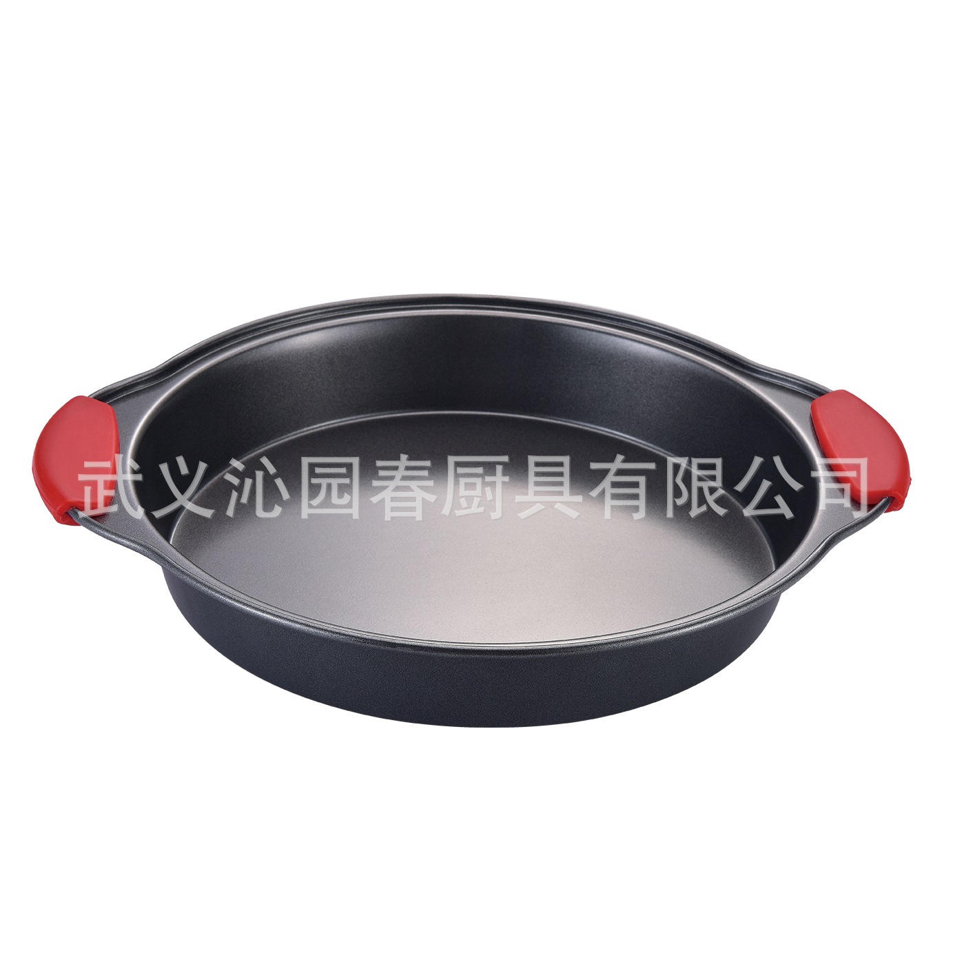 厂家直销硅胶手柄圆烤盘金属不沾双耳烤盘防粘防烫蛋糕模烤箱用