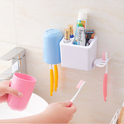 免钉双人牙刷架 吸壁式牙具洗漱套装卫生间置物架情侣刷牙架批发