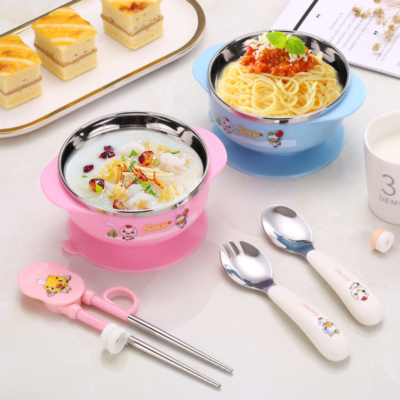 304不鏽鋼兒童創意餐具 寶寶保溫嬰兒碗勺輔食碗防摔吸盤碗套裝