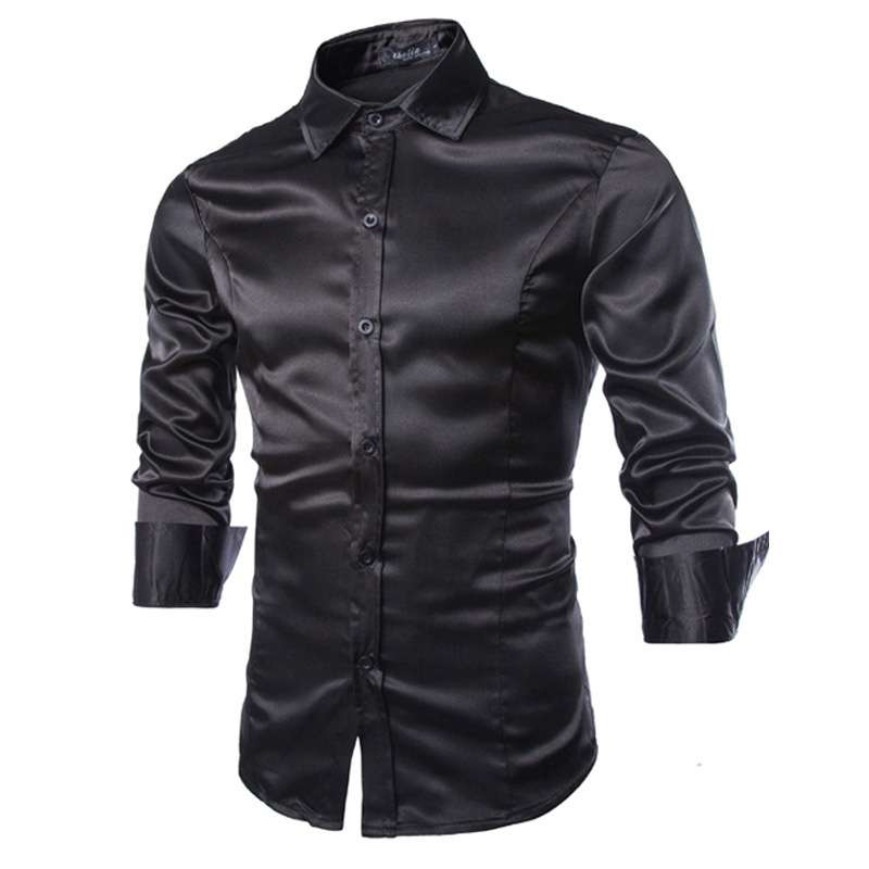 Spring Korean imitation silk shiny bright face casual men's solid color slim long sleeve fashionable shirt C54