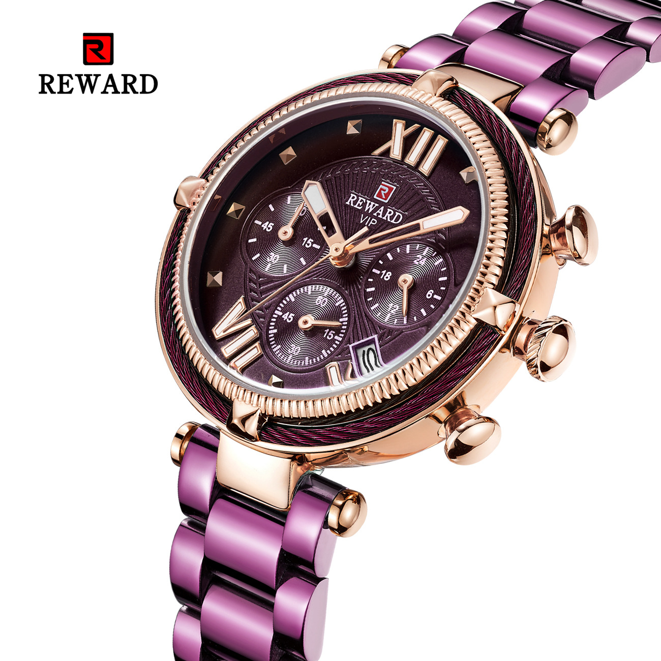 REWARD63084 Reloj para mujer Reloj de seis pines Reloj de cuarzo resistente al agua Reloj con banda de acero Reloj con calendario de moda para mujer_voghion.com